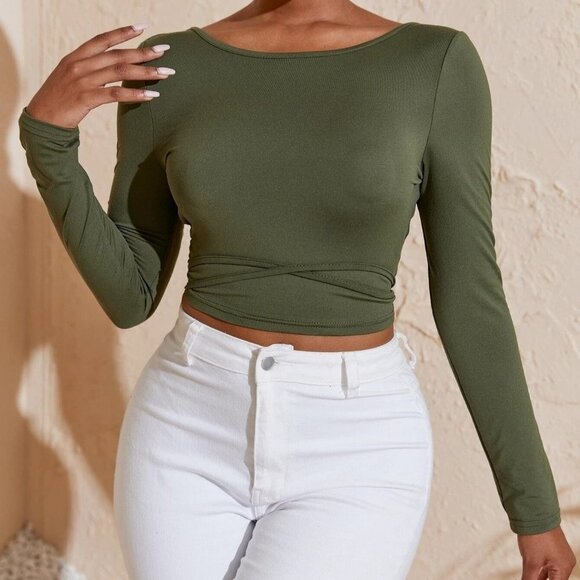NEW‎ SHEIN Solid Criss Cross Tied Backless Crop Tee SIZE M COLOR Army Green - Picture 6 of 9